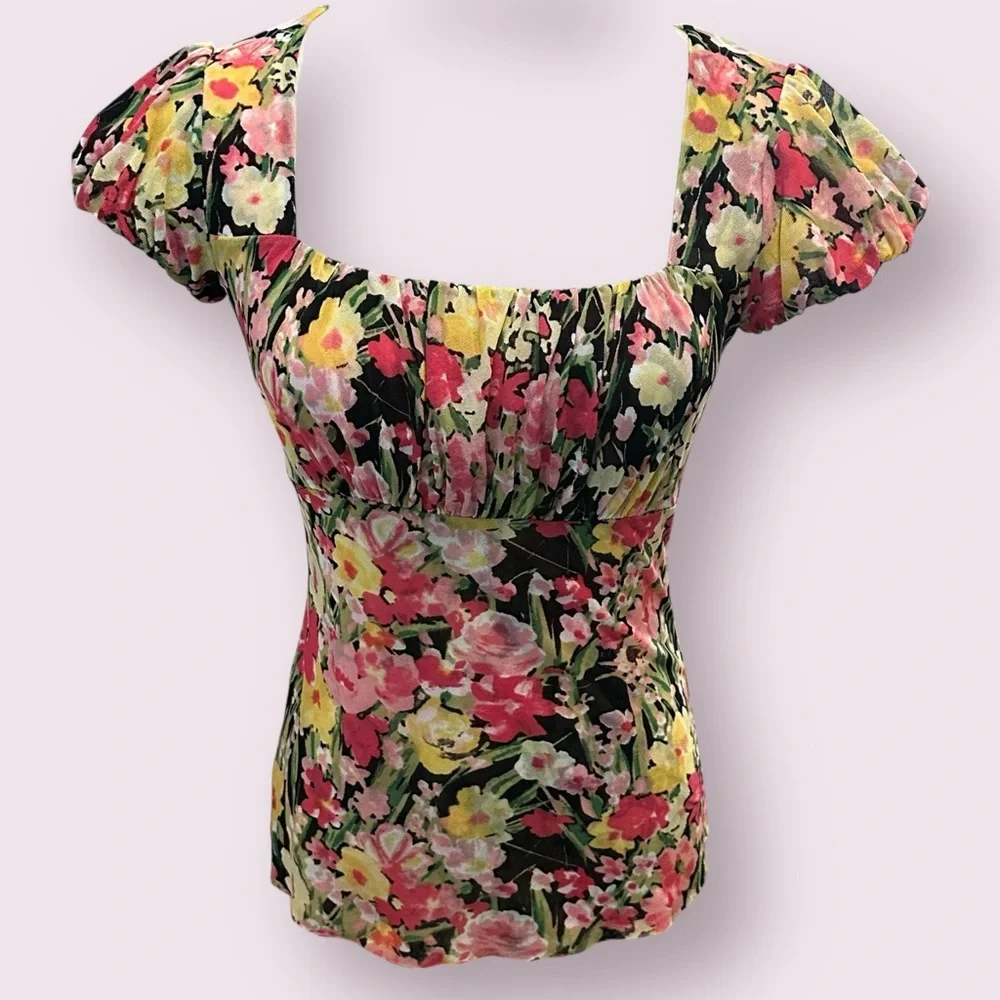 Y2K Floral Babydoll Milkmaid Mesh Top Sz XXS Floral Puff Sleeves Square Neckline